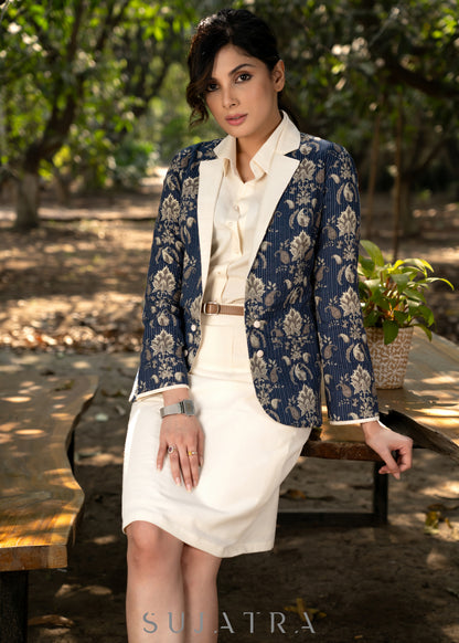 Stylish navy blue cotton floral kantha semi formal blazer  - Skirt optional