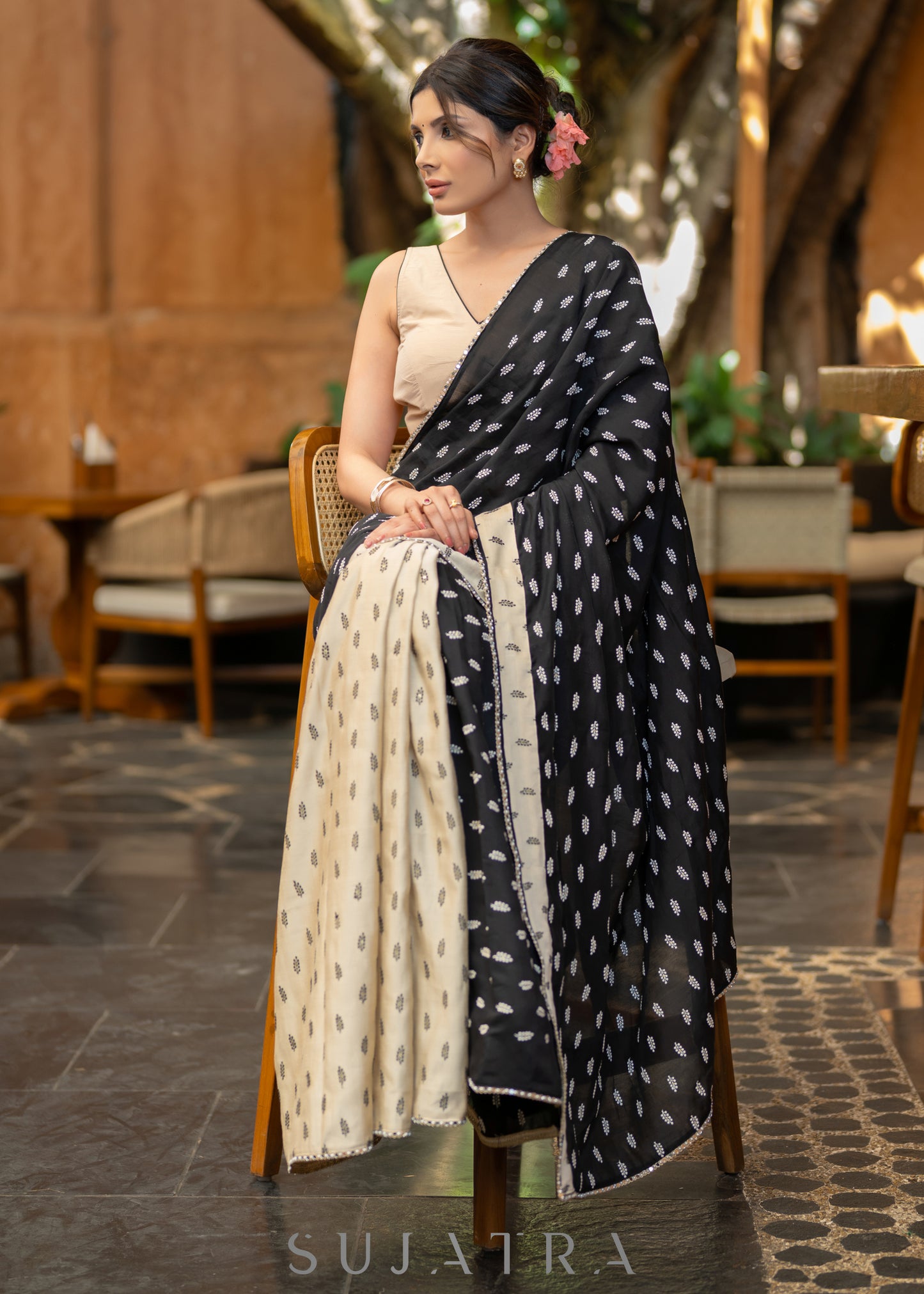 Elegant Black & Beige Combination Cotton Silk Saree With Overall Floral Motif Embroidery