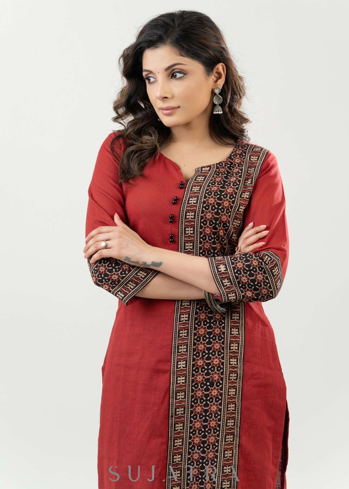 Casual Maroon Cotton Ajrak Combination Kurta - Pant Optional