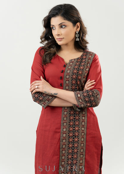 Casual Maroon Cotton Ajrak Combination Kurta - Pant Optional