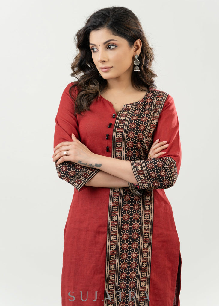 Casual Maroon Cotton Ajrak Combination Kurta - Pant Optional