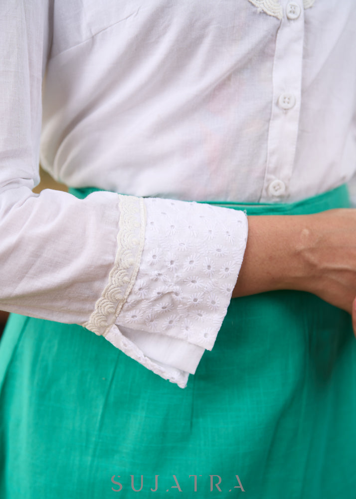 Stylish white cotton shirt with hakoba yoke - Teal colour wrap skirt optional