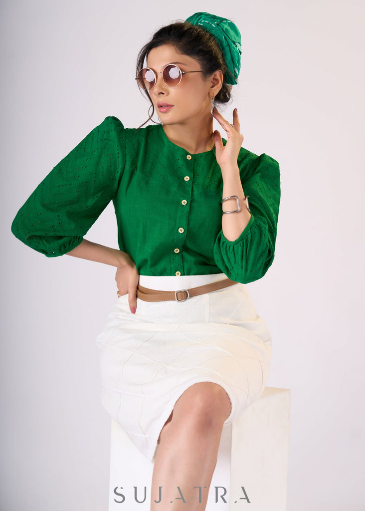 Emerald green cotton top with hakoba detaling - Skirt Optional