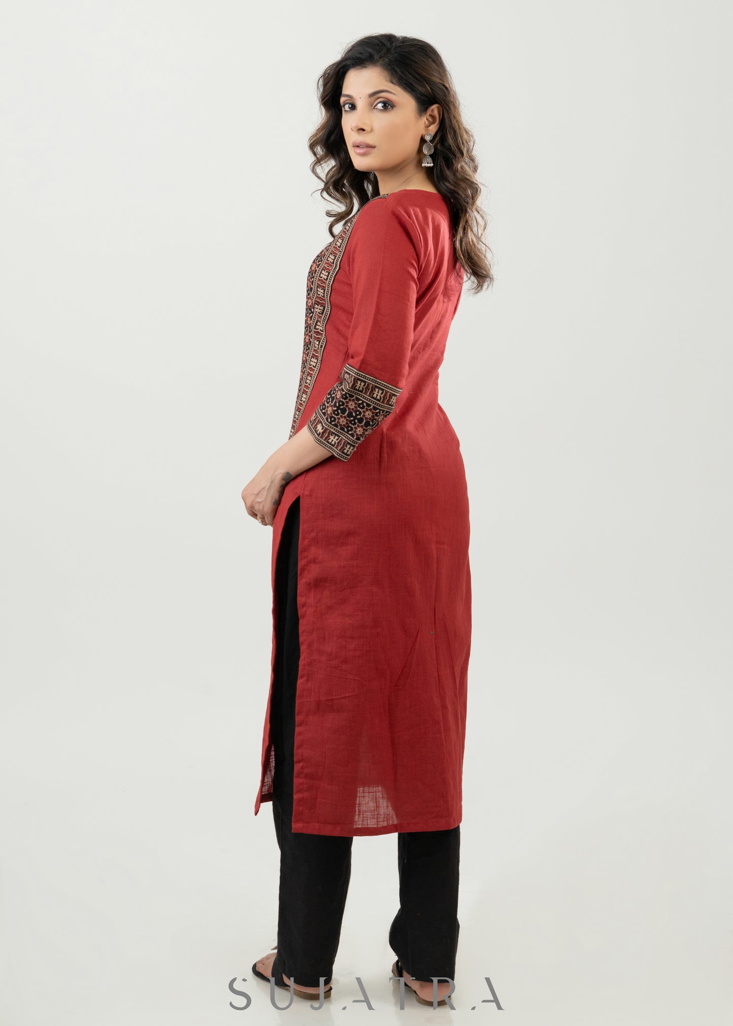 Casual Maroon Cotton Ajrak Combination Kurta - Pant Optional