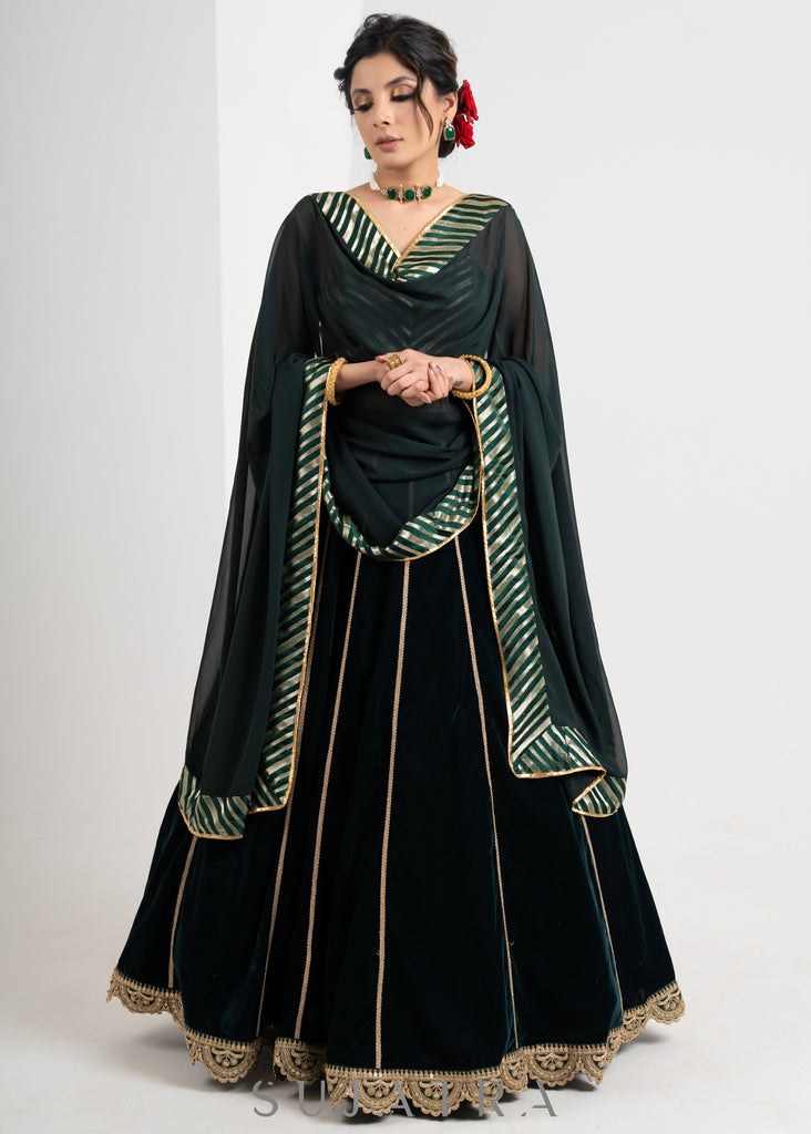 Classy Green Velvet Lehenga with brocade blouse & georgette dupatta with gold detailing