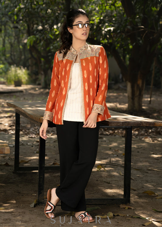 Elegant orange cotton ikat jacket with madhubani combination -  Embroidered inner optional