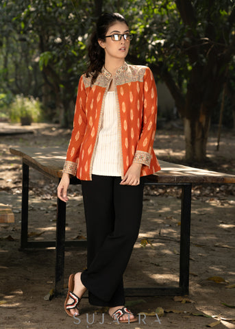 Elegant orange cotton ikat jacket with madhubani combination and optional embroidered inner