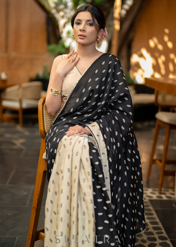 Elegant Black & Beige Combination Cotton Silk Saree With Overall Floral Motif Embroidery