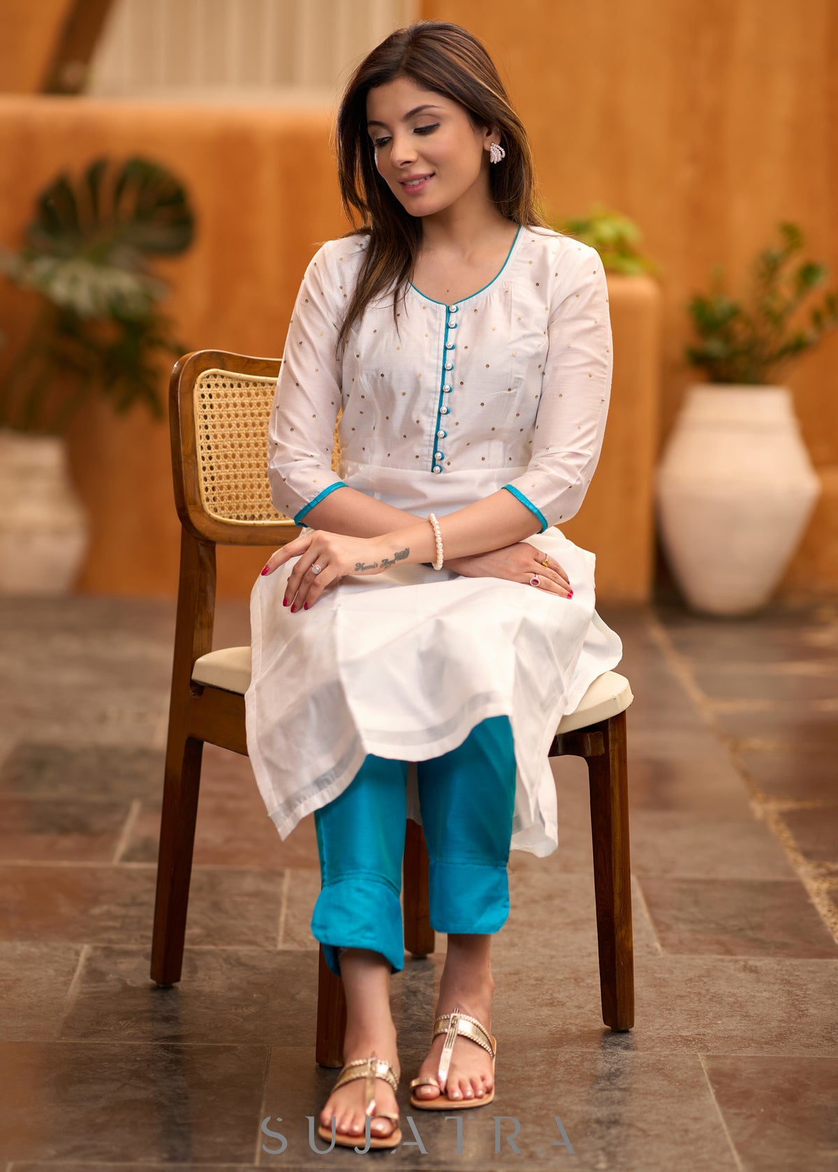 Dussehra Sale — Elegant White chanderi kurta with gold sequence & blue detaling pant optional