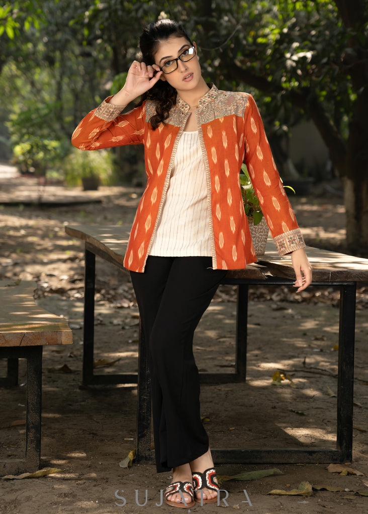 Elegant orange cotton ikat jacket with madhubani combination and optional embroidered inner