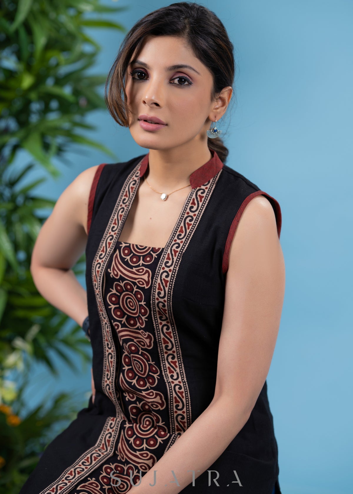 Dussehra Sale — Elegant black cotton sleeveless tunic with ajrakh combination