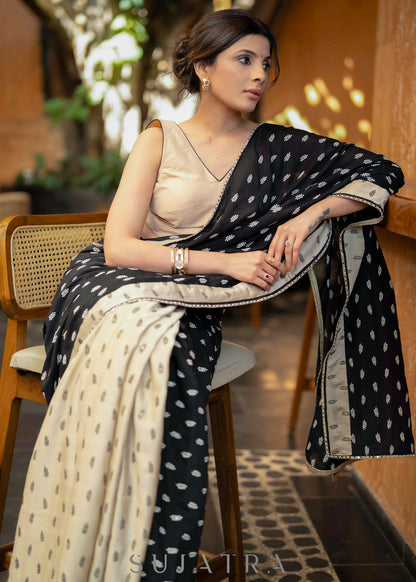 Elegant Black & Beige Combination Cotton Silk Saree With Overall Floral Motif Embroidery