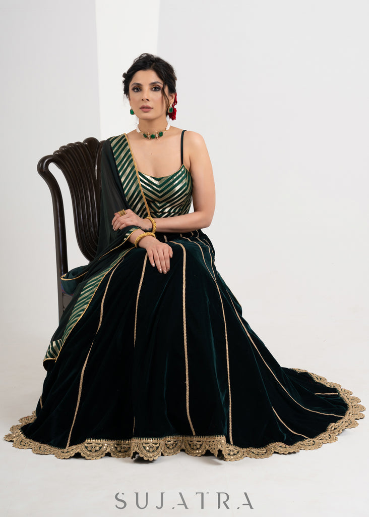Classy Green Velvet Lehenga with brocade blouse & georgette dupatta with gold detailing