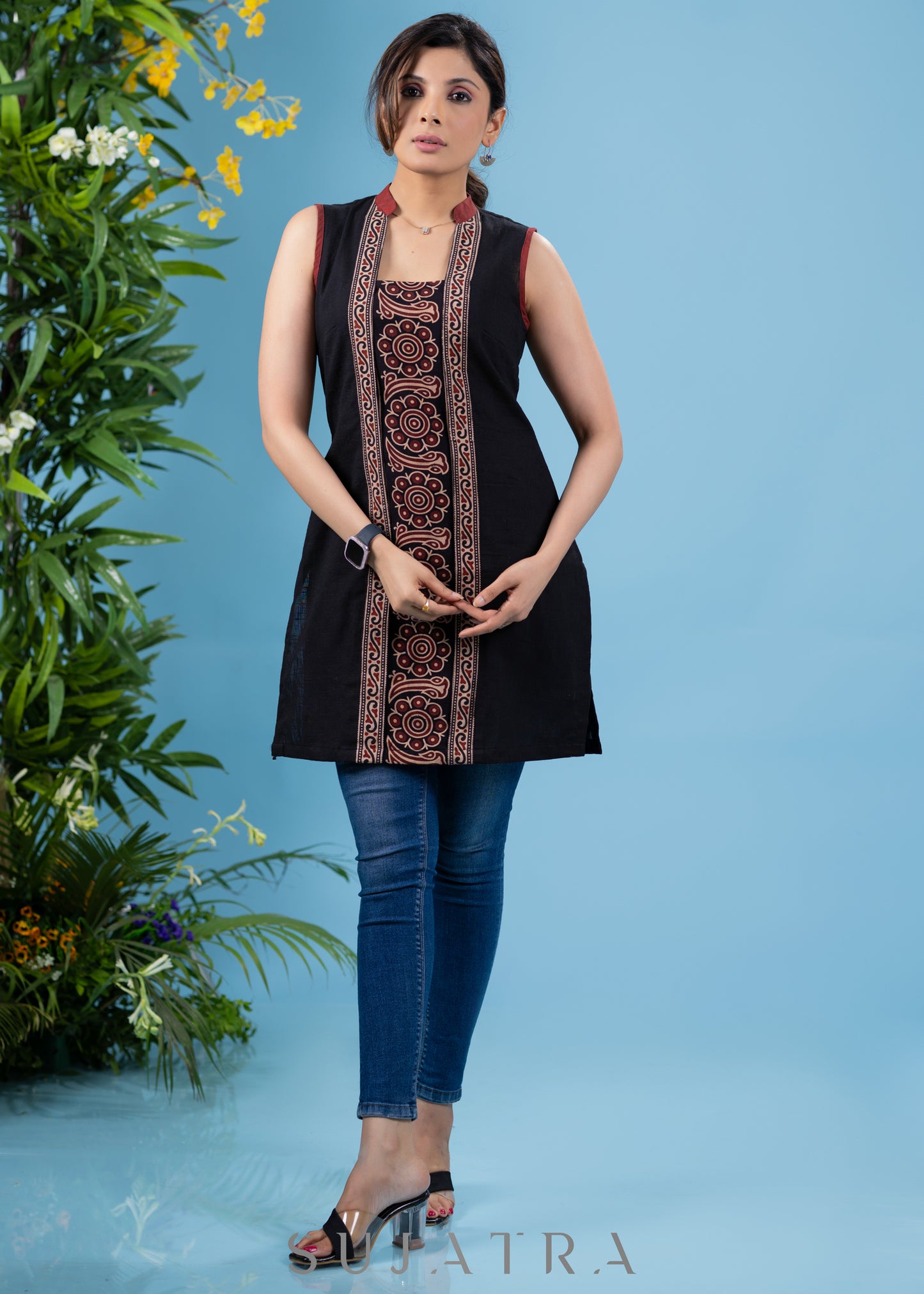 Elegant black cotton sleeveless tunic with ajrakh combination