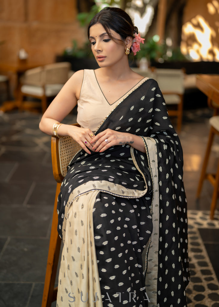 Elegant Black & Beige Combination Cotton Silk Saree With Overall Floral Motif Embroidery