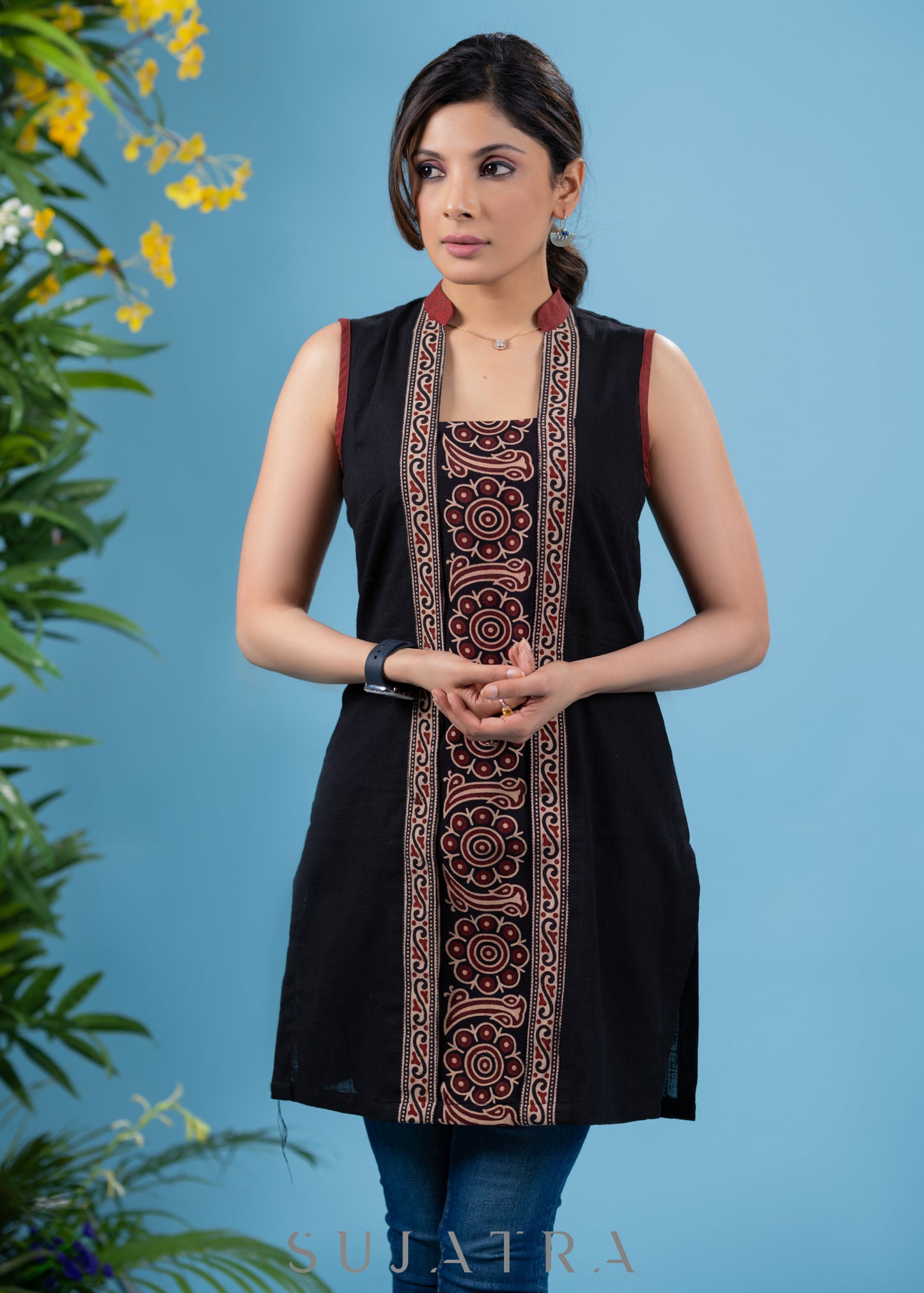 Elegant black cotton sleeveless tunic with ajrakh combination