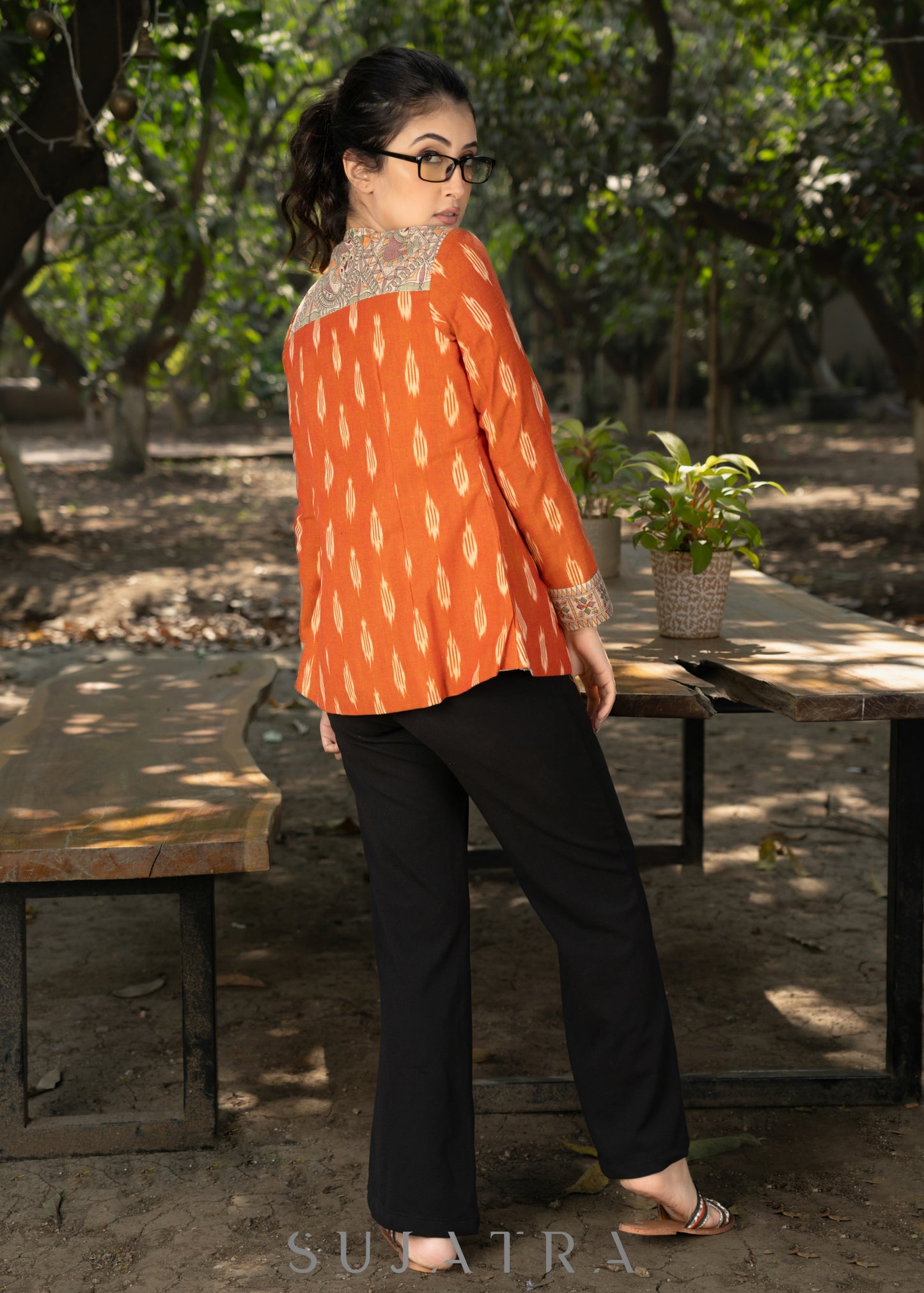 Elegant orange cotton ikat jacket with madhubani combination -  Embroidered inner optional