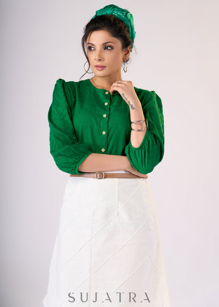 Emerald green cotton top with hakoba detaling - Skirt Optional