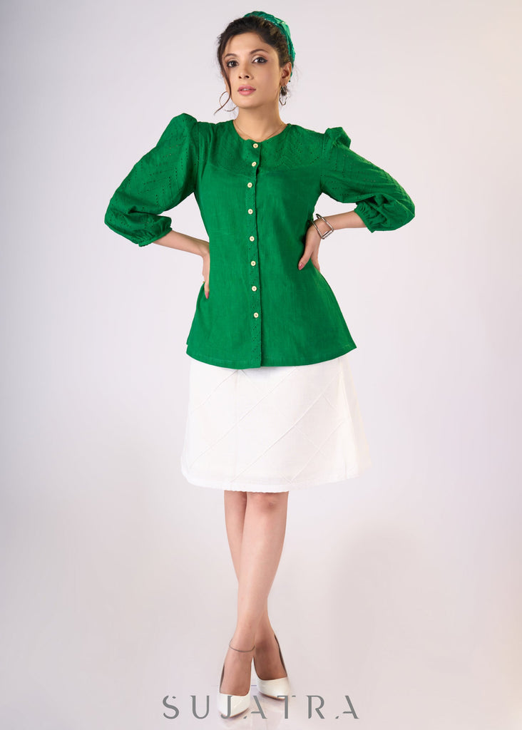 Emerald green cotton top with hakoba detaling - Skirt Optional