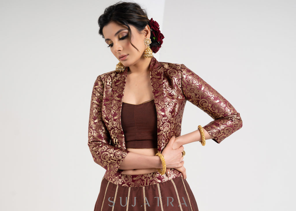 Trendy Brown Brocade Cotton Silk Combination Lehenga with Jacket