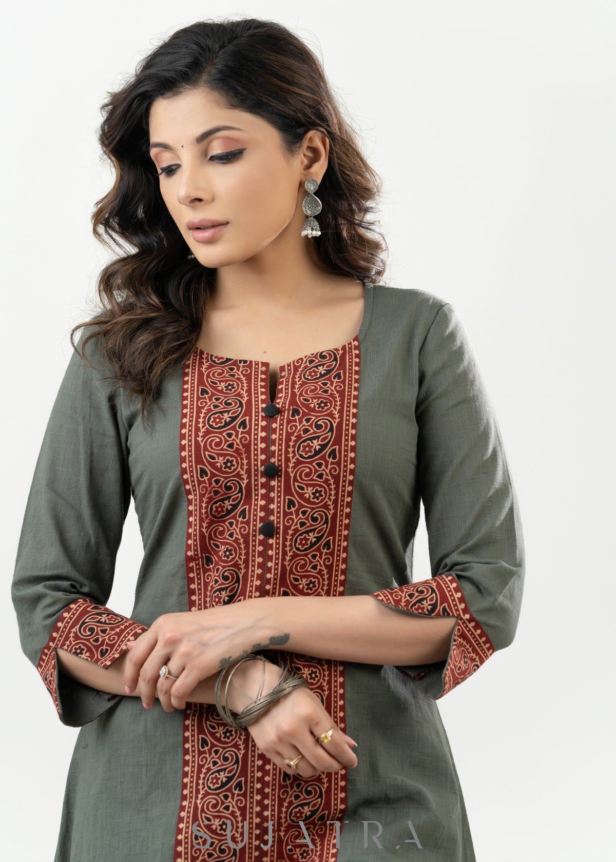 Dussehra Sale — Casual Grey Cotton Ajrakh Combination Kurta - Pant Optional