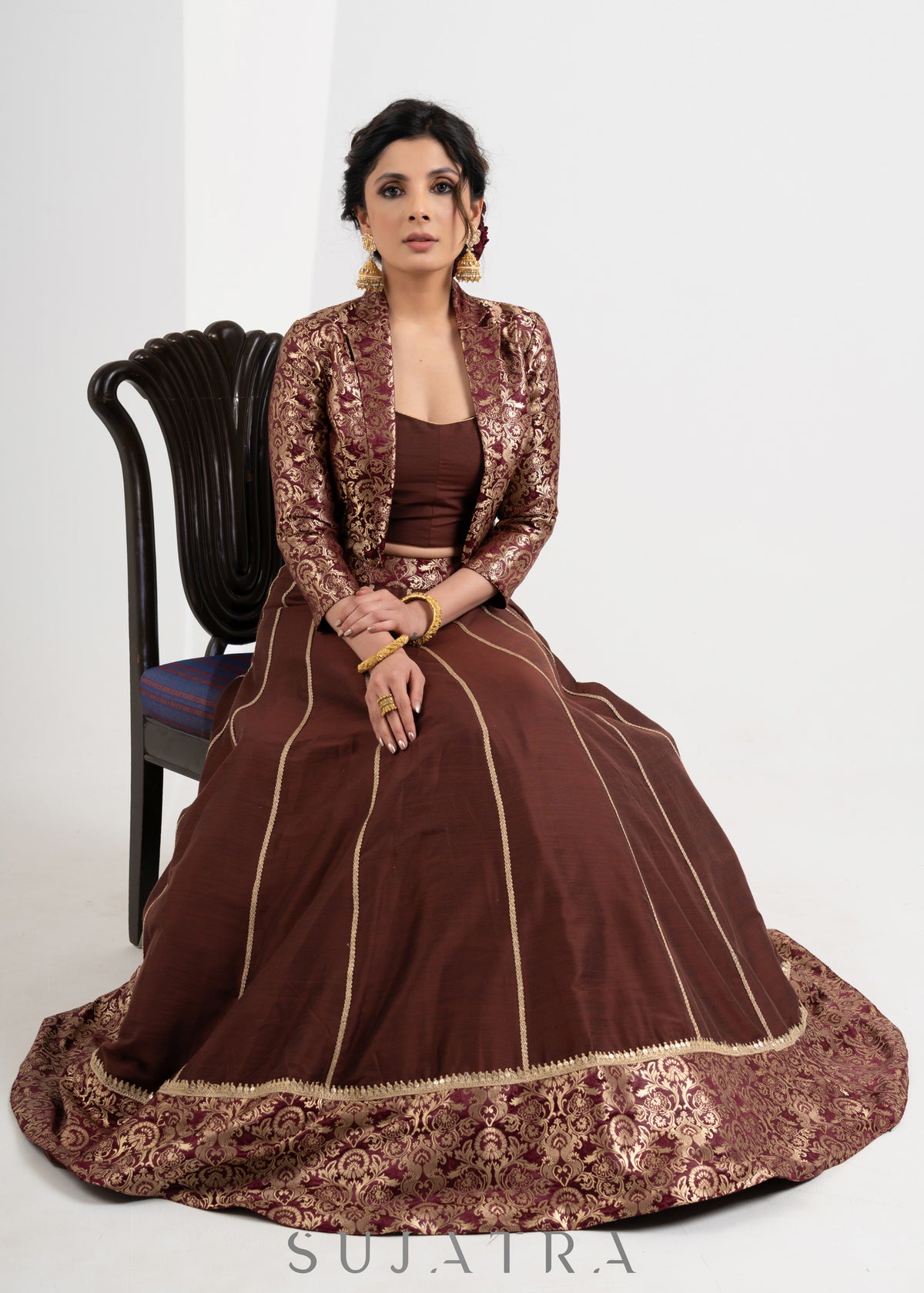 Trendy Brown Brocade Cotton Silk Combination Lehenga with Jacket - Lehenga + Blouse + Jacket Set
