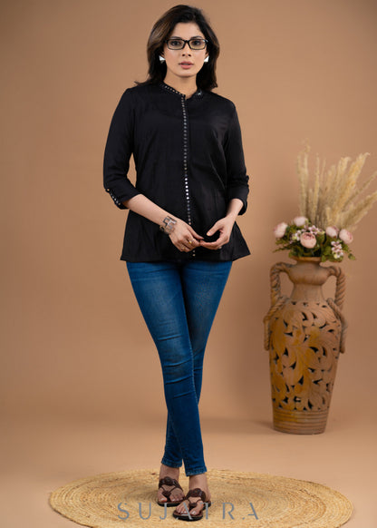Black satin mirror lace top