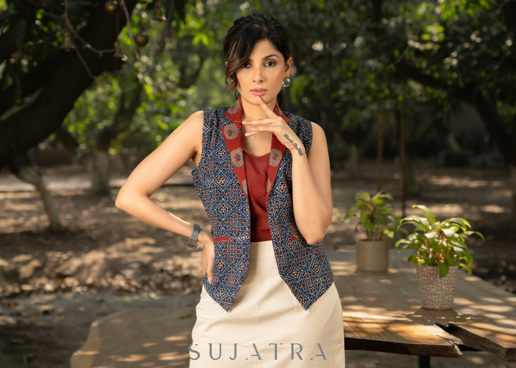 Trendy blue cotton ajrakh casual waistcoat with optional skirt