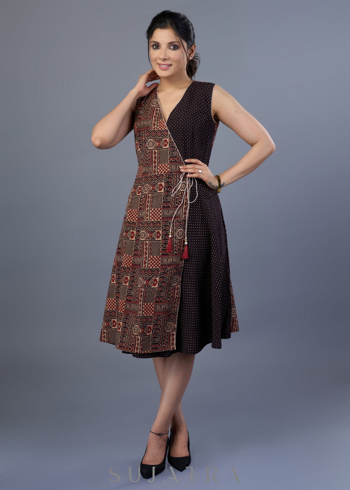 Stylish Black Cotton Ajrakh Overlap Dress