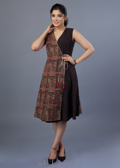 Stylish Black Cotton Ajrakh Overlap Dress