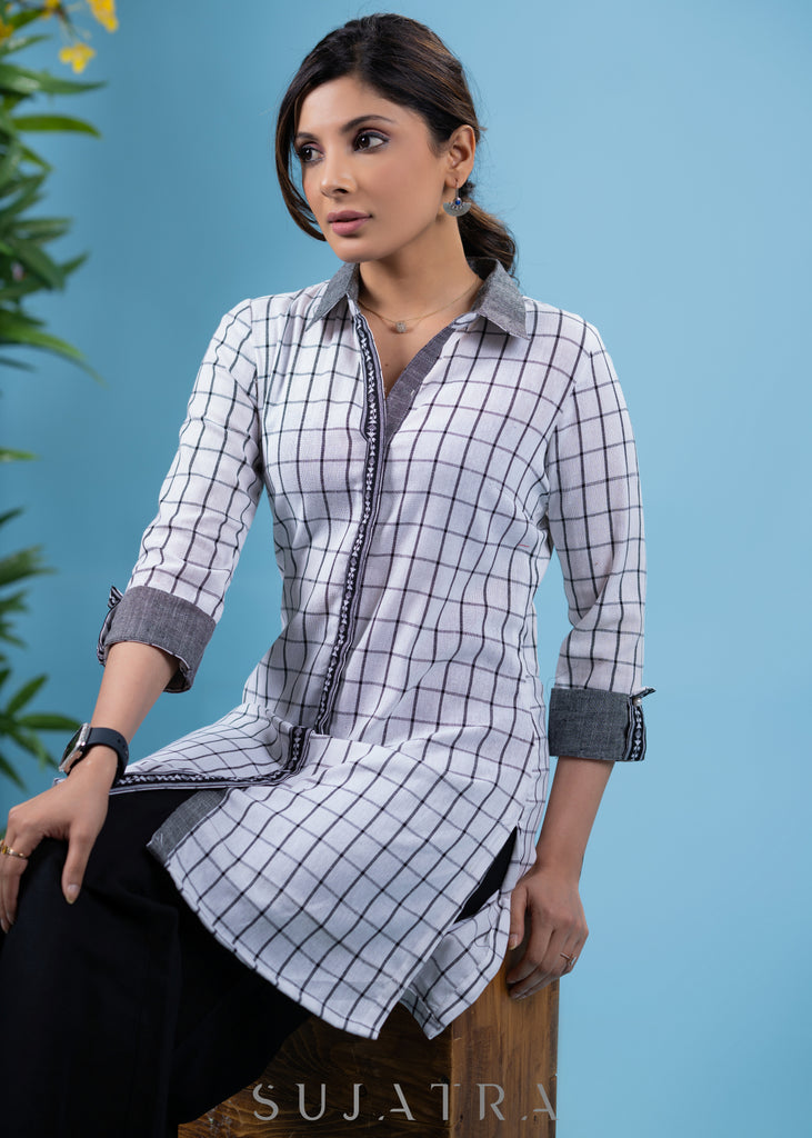 Stylish shirt style ivory cotton tunic with ikat highlights