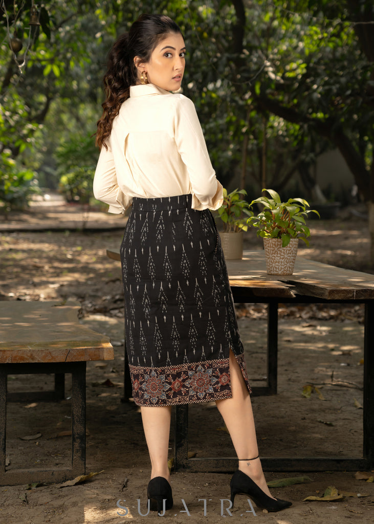Classic black ikat fitted skirt with beautiful ajrakh combination and optional shirt