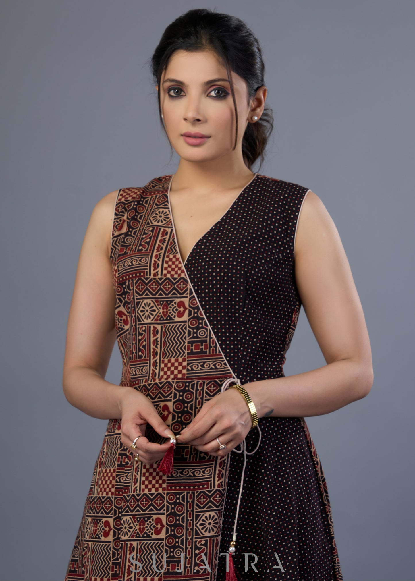 Stylish Black Cotton Ajrakh Overlap Dress