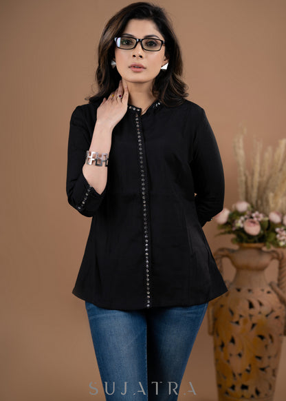 Black satin mirror lace top