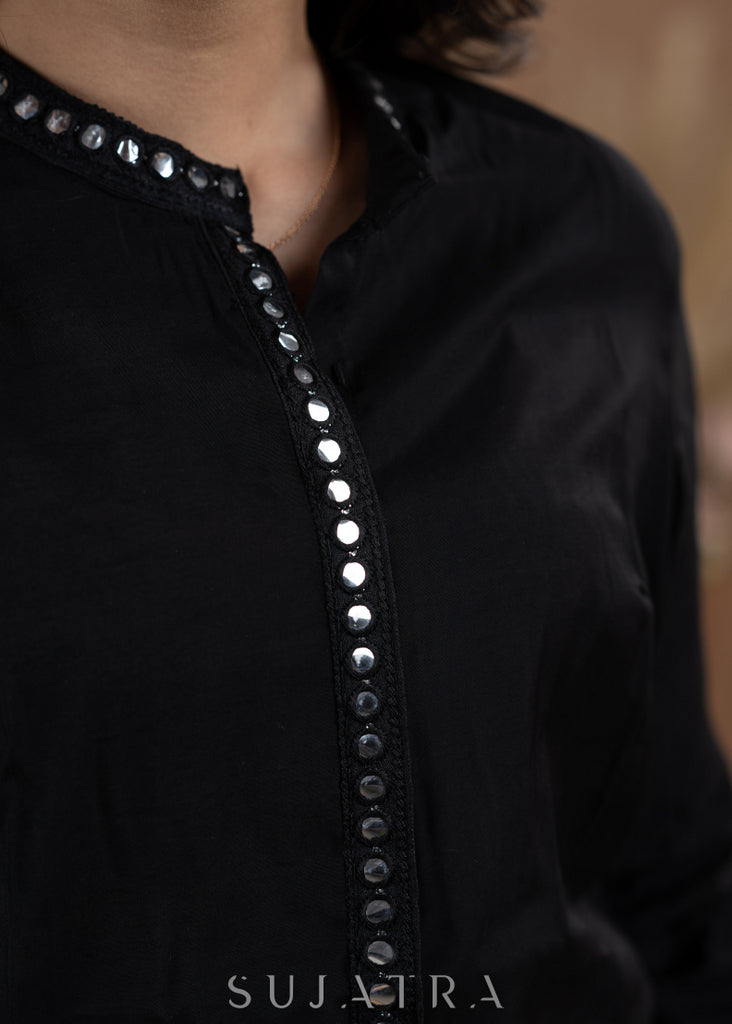 Black satin mirror lace top