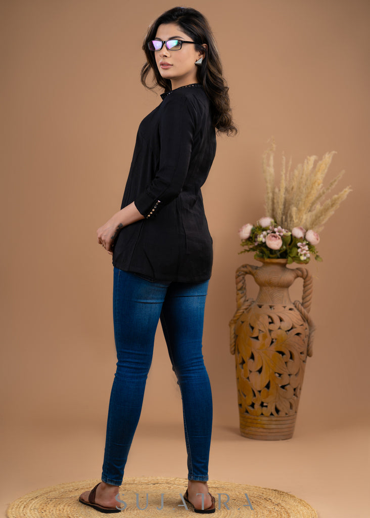 Black satin mirror lace top