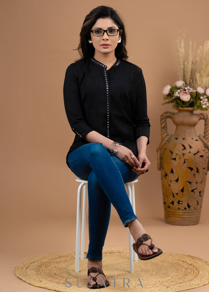 Black satin mirror lace top
