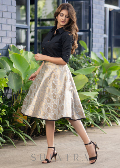 Exclusive Grey Brocade Skirt Black Cotton Silk Shirt Optional