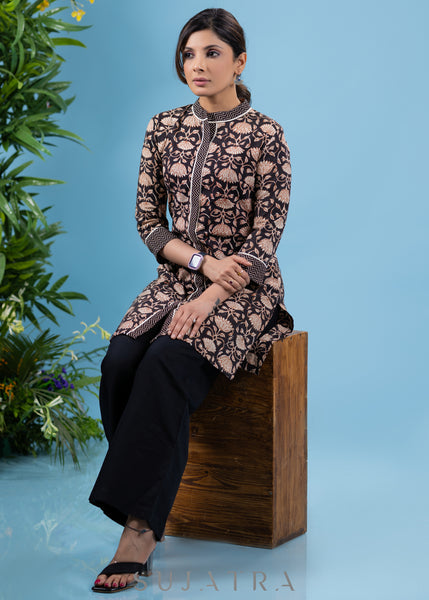 Trendy floral printed cotton tunic with ajrakh combination