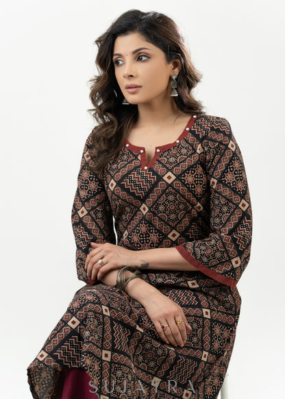 Stylish Black Ajrak Cotton A Line Kurta With Stone Highlights Along Neck - Palazzo Optional