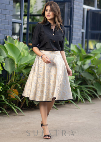 Exclusive Grey Brocade Skirt Black Cotton Silk Shirt Optional