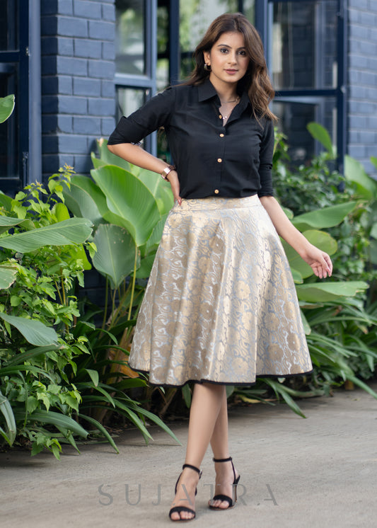 Exclusive Grey Brocade Skirt Black Cotton Silk Shirt Optional