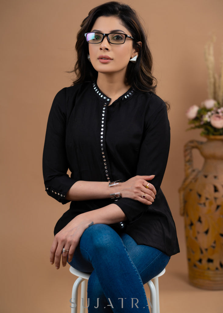 Black satin mirror lace top