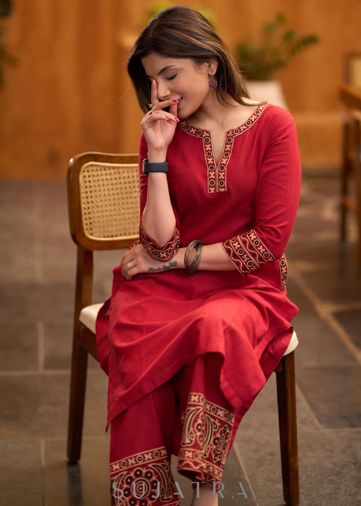 Dussehra Sale — Casual Maroon cotton kurta with Ajrakh detaling - Pant Optional