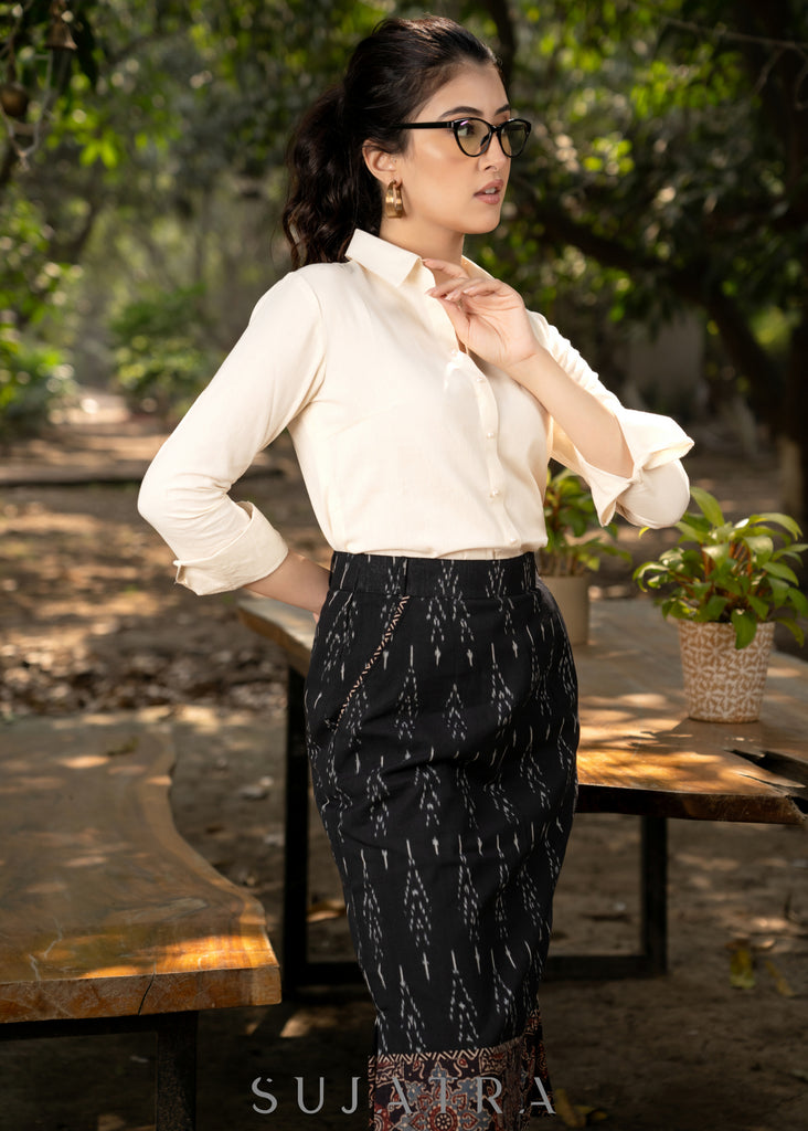 Classic black ikat fitted skirt with beautiful ajrakh combination and optional shirt