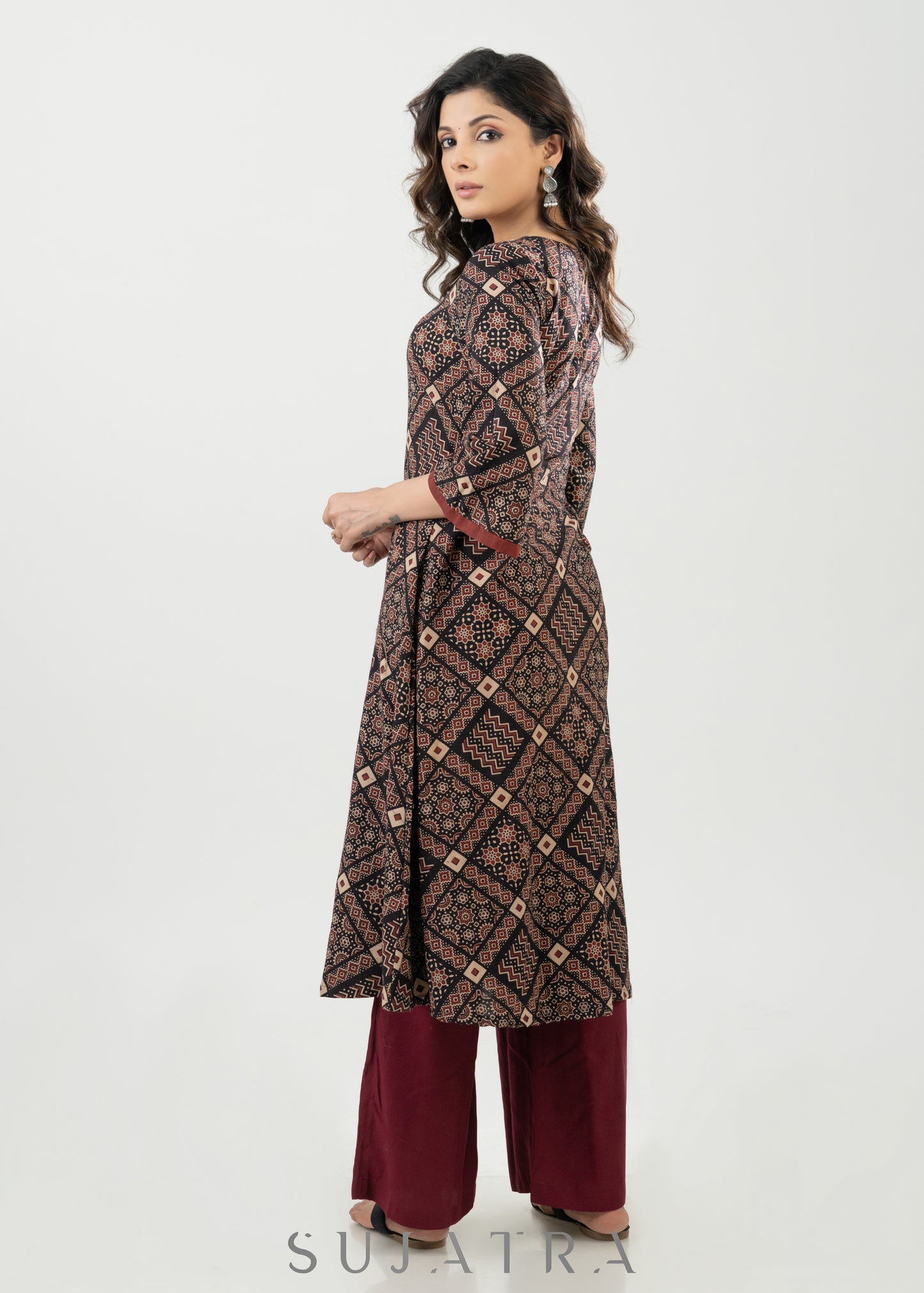 Stylish Black Ajrak Cotton A Line Kurta With Stone Highlights Along Neck - Palazzo Optional