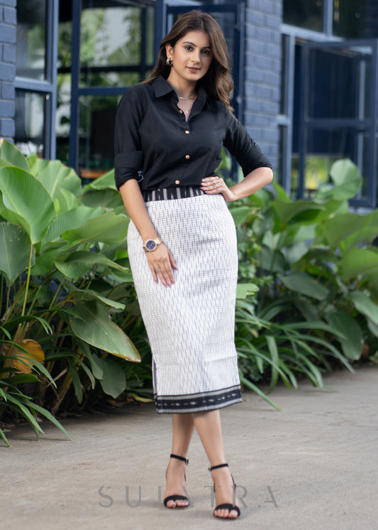 Trendy Indo Western White Ikat Skirt Black Cotton Silk Shirt Optional
