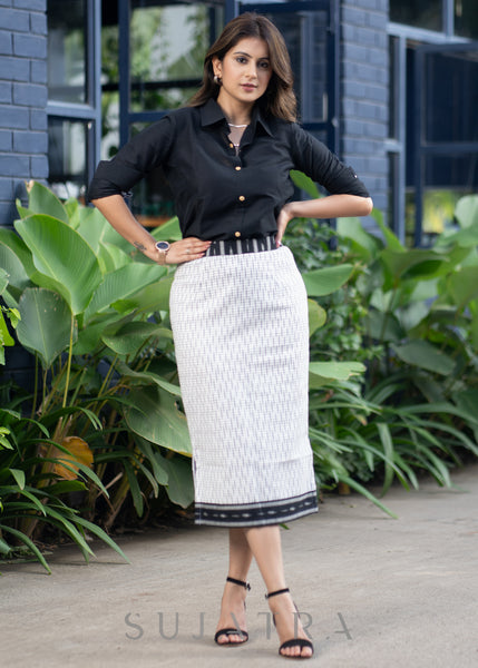 Trendy Indo Western White Ikat Skirt Black Cotton Silk Shirt Optional