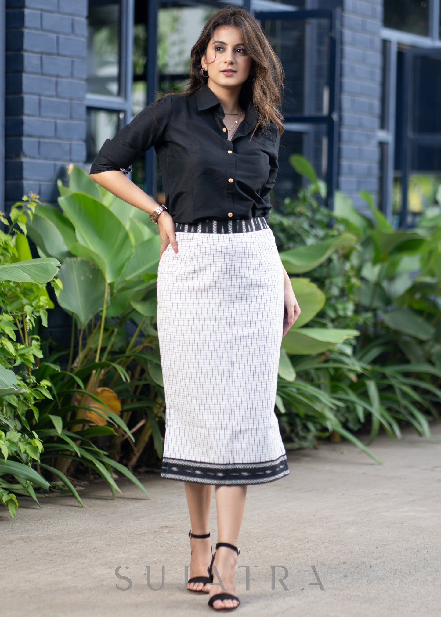 Trendy Indo Western White Ikat Skirt Black Cotton Silk Shirt Optional