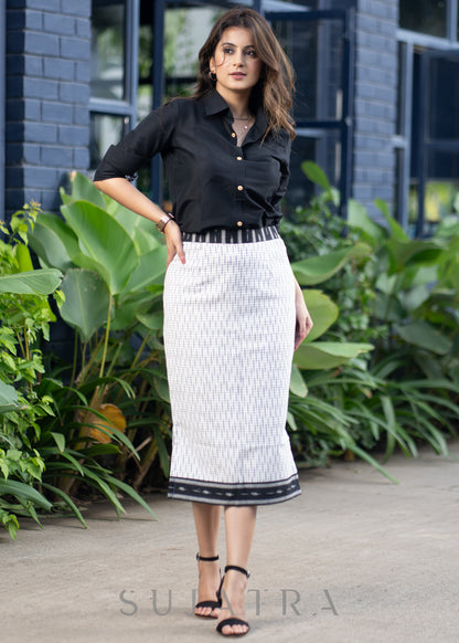 Trendy Indo Western White Ikat Skirt Black Cotton Silk Shirt Optional